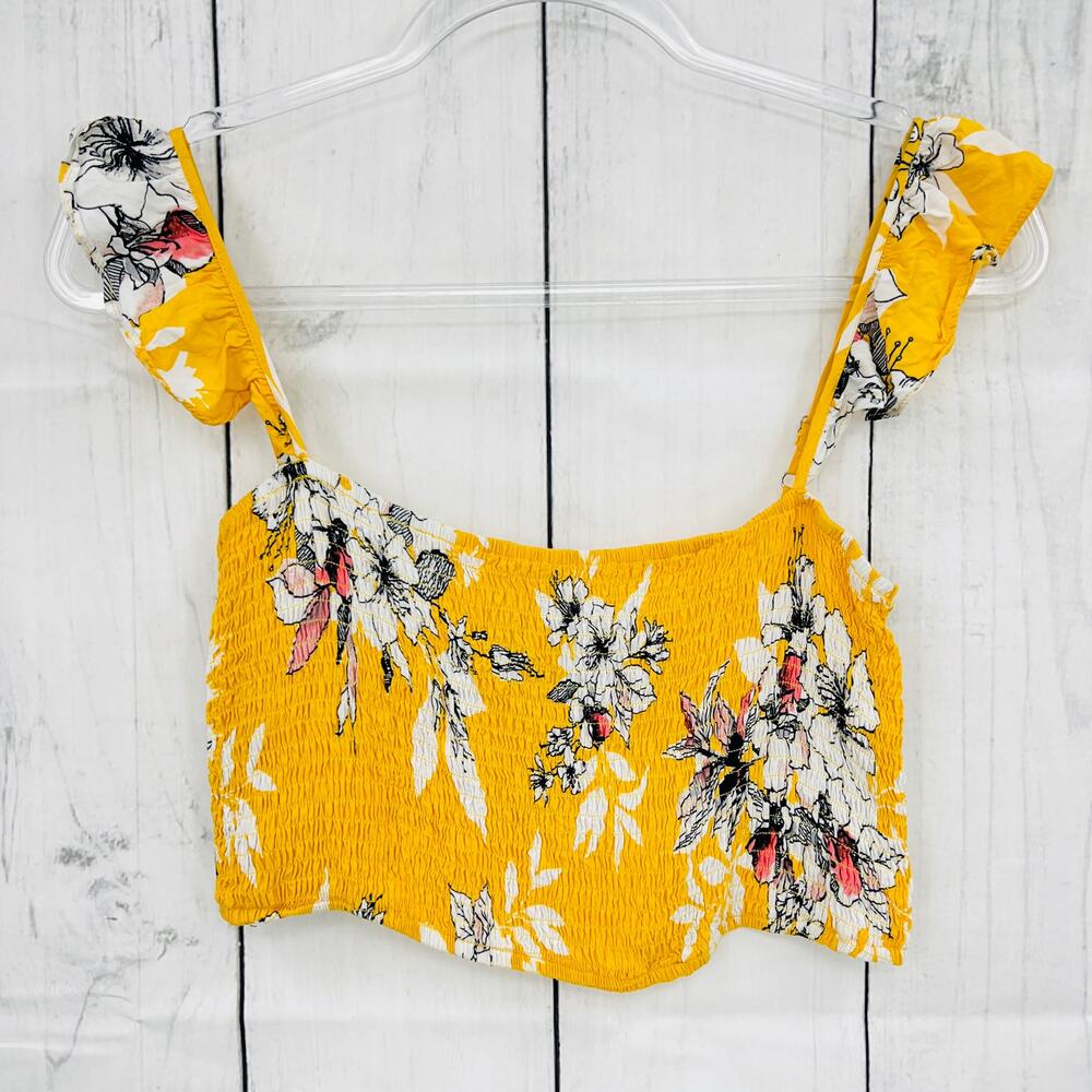 Lulus Yellow Floral Smocked Crop Top stretchy ruffle straps sz Medium